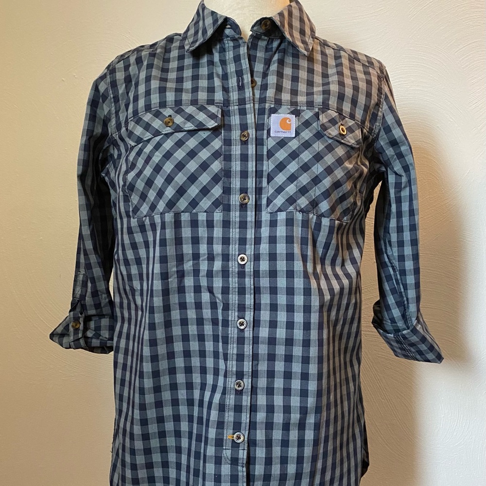 NWOT Carhartt Force blue gingham plaid button down shirt size XS